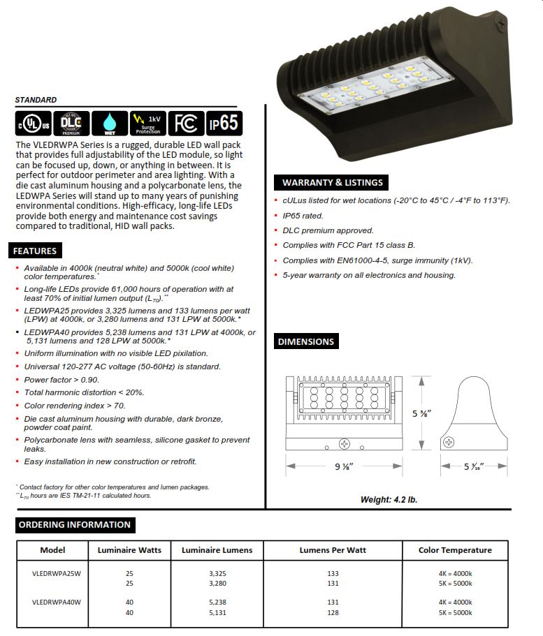 LED ADJUSTABLE WALL PACK 25 WATTS 4000K & 5000K - The LEDWPA Series is a rugged, durable LED wall pack that provides full adjustability of the LED module, so light can be focused up, down, or anything in between. 