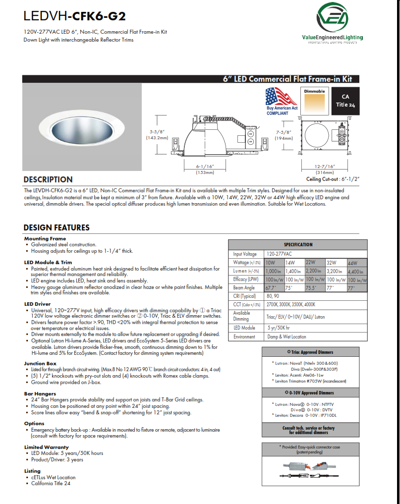  6“ LED, Non-IC, Commercial Flat Frame-in Kit Down Light with interchangeable Reflector Trims