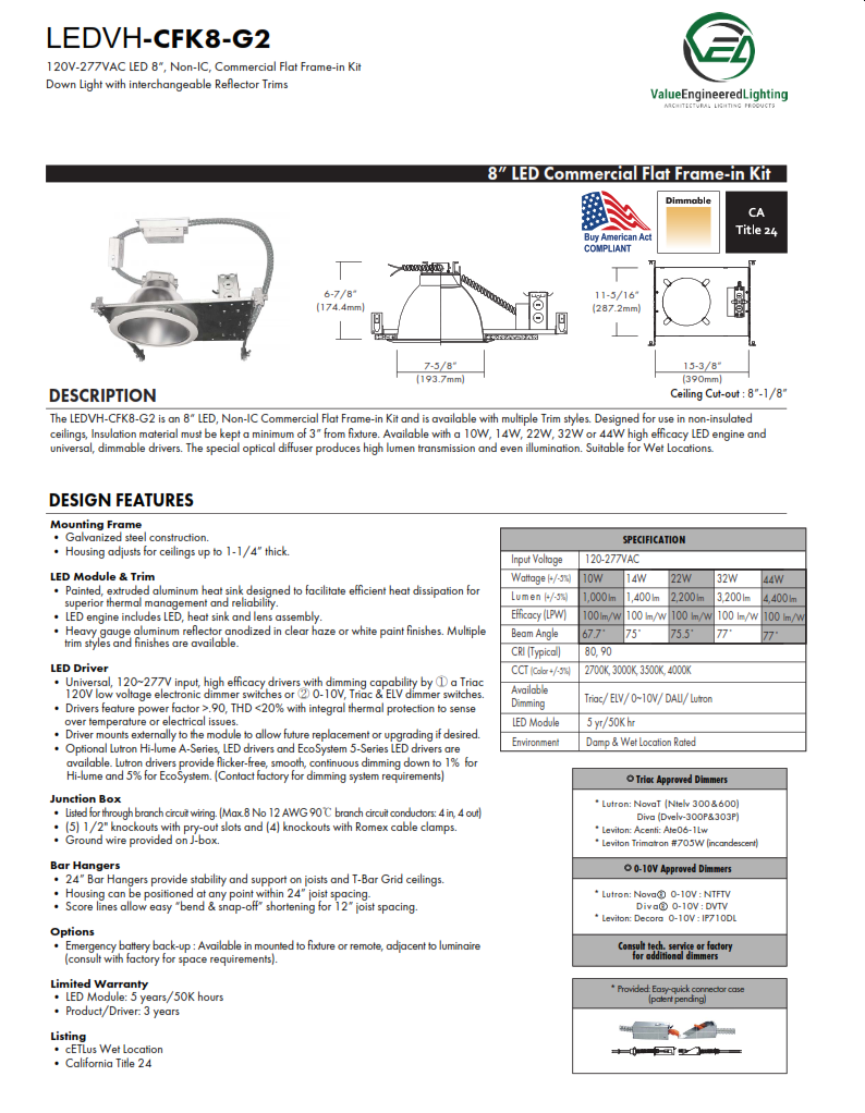 8“ Non-IC, Commercial Flat Frame-in Kit Down Light with interchangeable Reflector Trims