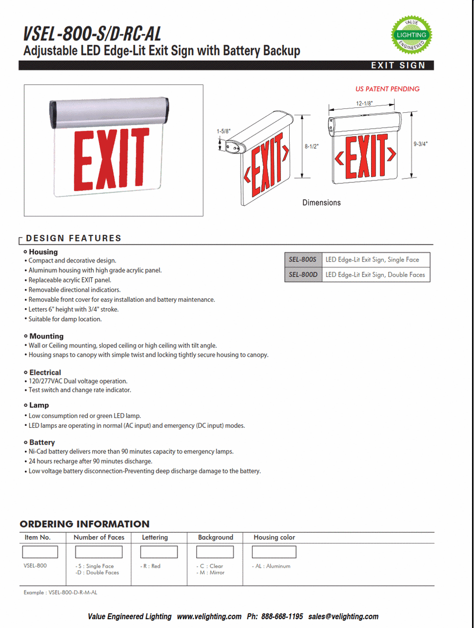 Adjustable LED Ceiling/Wallmount Surface Edgelit Exit Sign