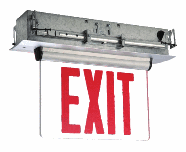 Compact and decorative design.Aluminum housing with high grade acrylic panel.Replaceable acrylic EXIT panel.Removable directional indicators. Removable front cover for easy installation and battery maintenance. Letters 6" height with 3/4" stroke.Suitable for damp location.

Recessed Ceiling mounting.Adjustable bar hangers adapt housing for mounting in suspended ceiling.

120/277VAC Dual voltage operation. Test switch and change rate indicator.

Low consumption red or green LED lamp.LED lamps are operating in normal (AC input) and emergency (DC input) modes.

