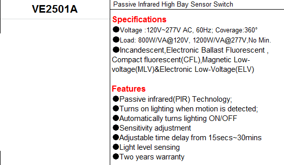 YM2501A  360 Degree Hibay PIR Fixture Mount Occupancy Sensor