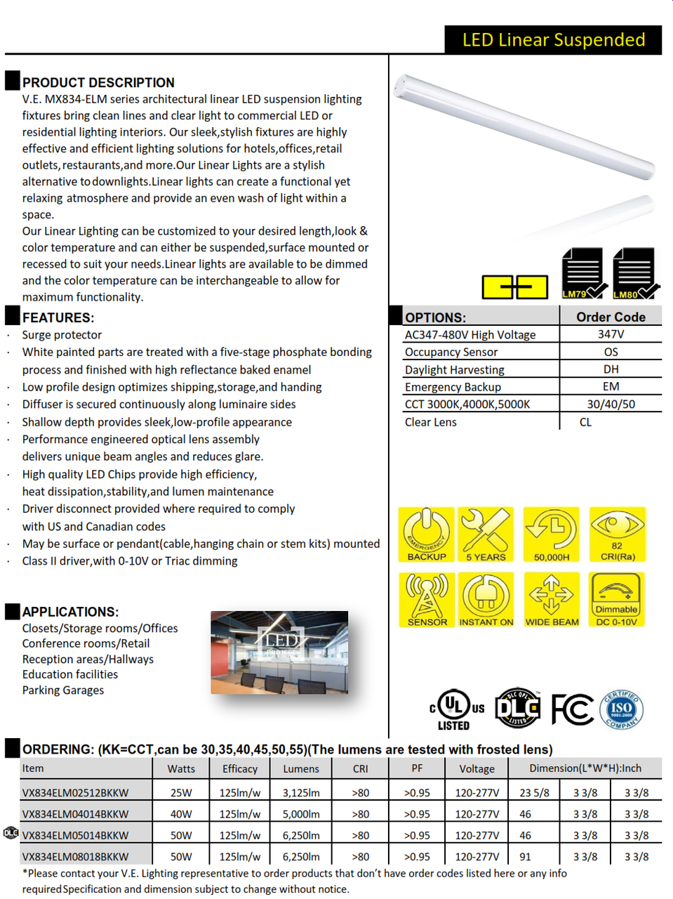 V.E. MX834-ELM series architectural linear LED suspension lighting fixtures bring clean lines and clear light to commercial LED or residential lighting interiors�