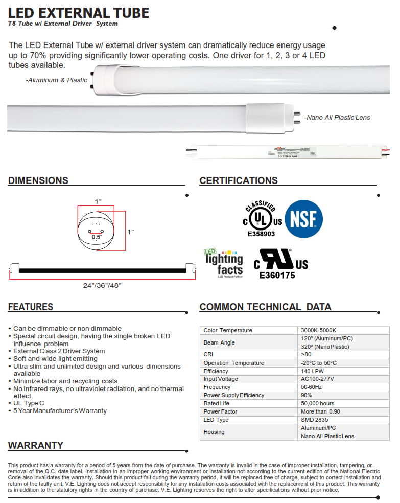 T8 LED Tube with External Driver (Series VY-T8)