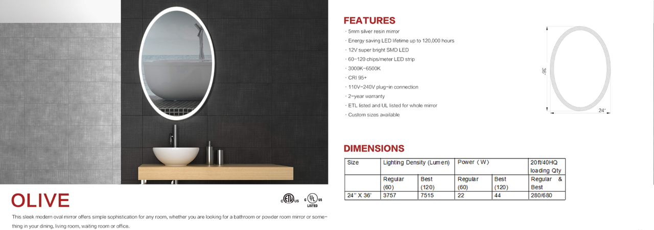 Many Styles and Sizes of Architectural Mirrors with L.E.D. Light