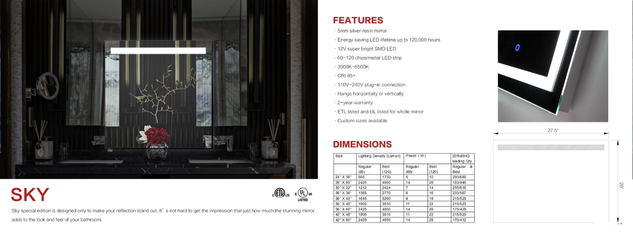 Many Styles and Sizes of Architectural Mirrors with L.E.D. Light