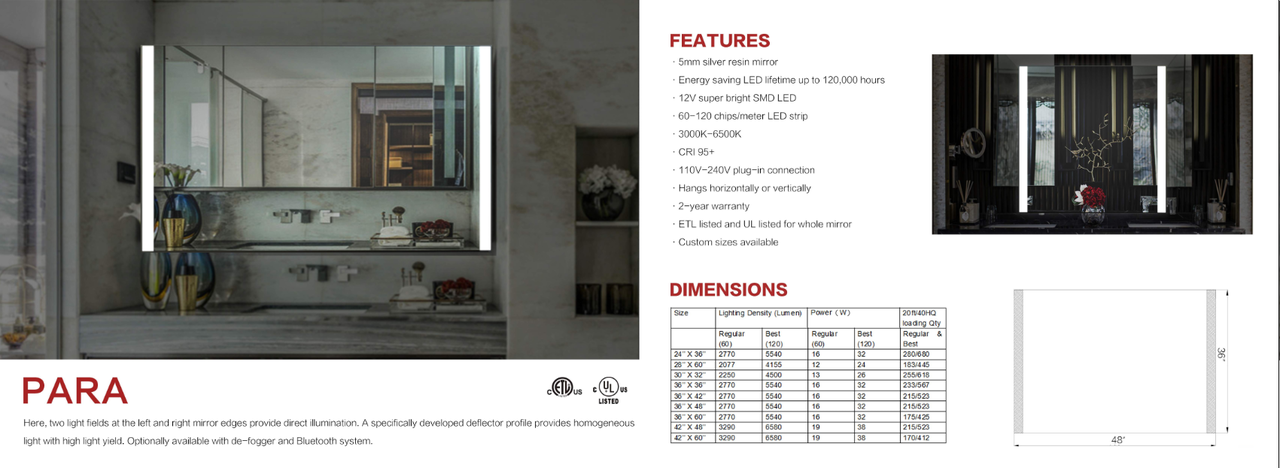 Many Styles and Sizes of Architectural Mirrors with L.E.D. Light