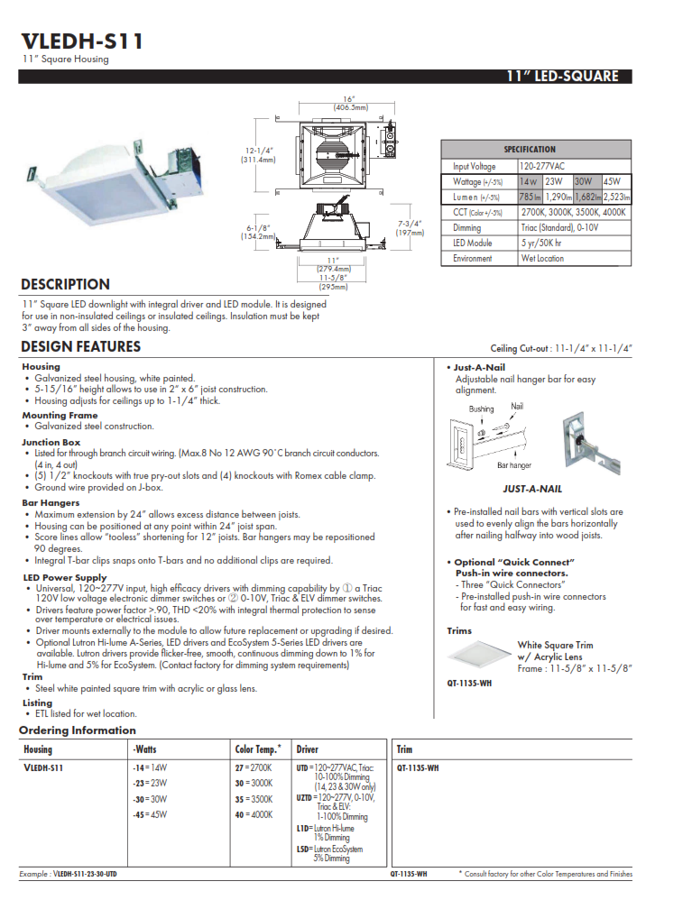 VLEDH-S11   11" Square LED Recessed Canopy Light