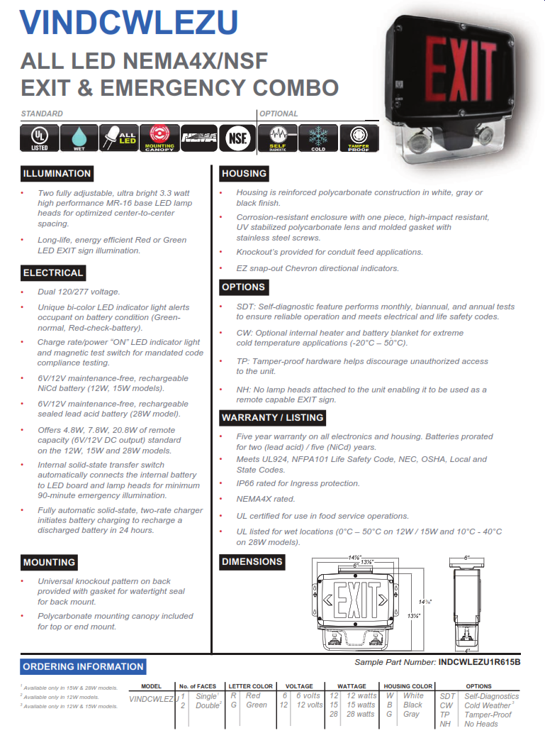 LED NEMA4X/NSF EXIT & EMERGENCY COMBO 