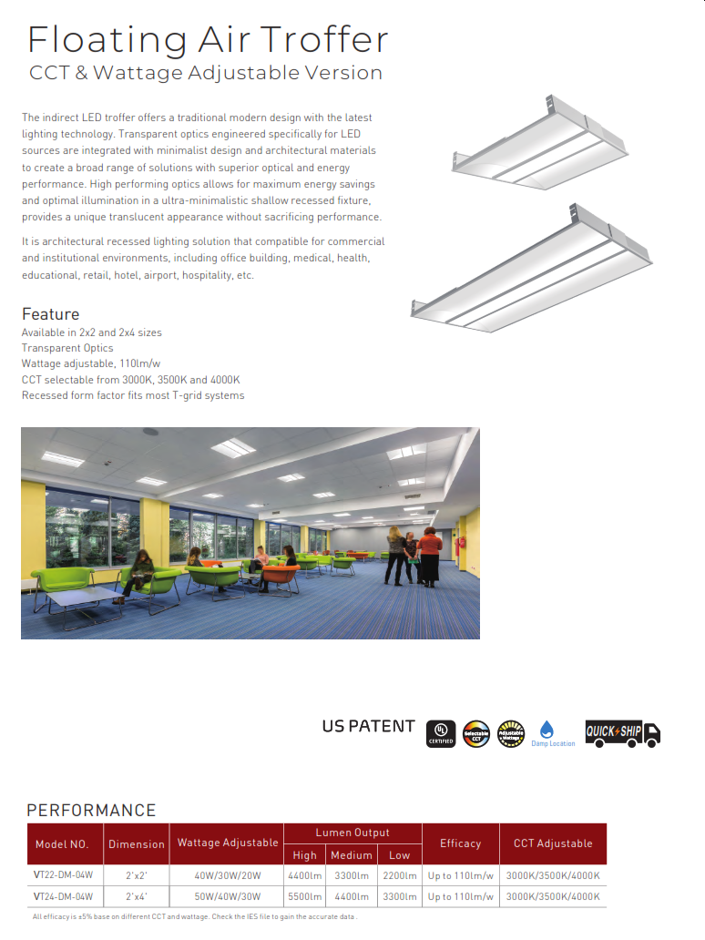 VT2X2-Color Tuneable and Wattage Selectable Recessed Indirect Troffer