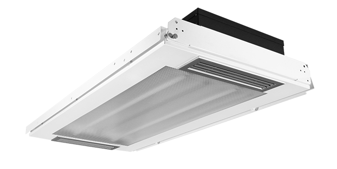 The VES01 is a patented 2 x 4 lighting troer with a UV-C air treatment system. The VES01 uses energy efficient T8 fluorescent lamps or LED tubes to provide high eciency area illumination.The VES01 draws in untreated air, pushes it through a highly reflective UV chamber with an ultraviolet light set at the wavelength of 253.7 nanometers which inactivates bacteria or fungi that passes over the lamp. Four fans continue to push the air through the unit at approximately 50 cfm.  This allows the unit to treat the equivalent of one full volume of air from a typical 10 x 10 room with 8 ft. ceilings four times an hour.  The system works 24/7/365.