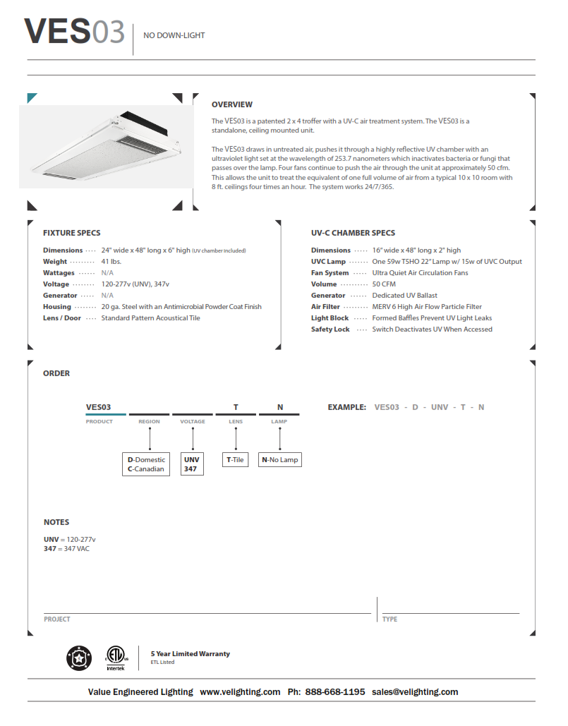 VES03 2x4 Recessed Fixture with UV-C air treatment system an No Light
