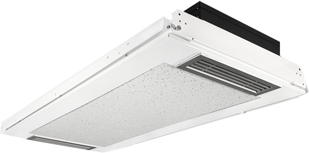 No downlight
24” wide x 48” long x 6” high
(UV chamber included)
41 lbs.
Antimicrobial powder coat finish
Standard pattern acoustical tile
Dedicated UV ballast
Ultra-quiet air circulation fans
50 CFM air volume
MERV 6 high flow air particle filter
Formed baffles prevent UV light leaks
Safety switch deactivates UV when accessed