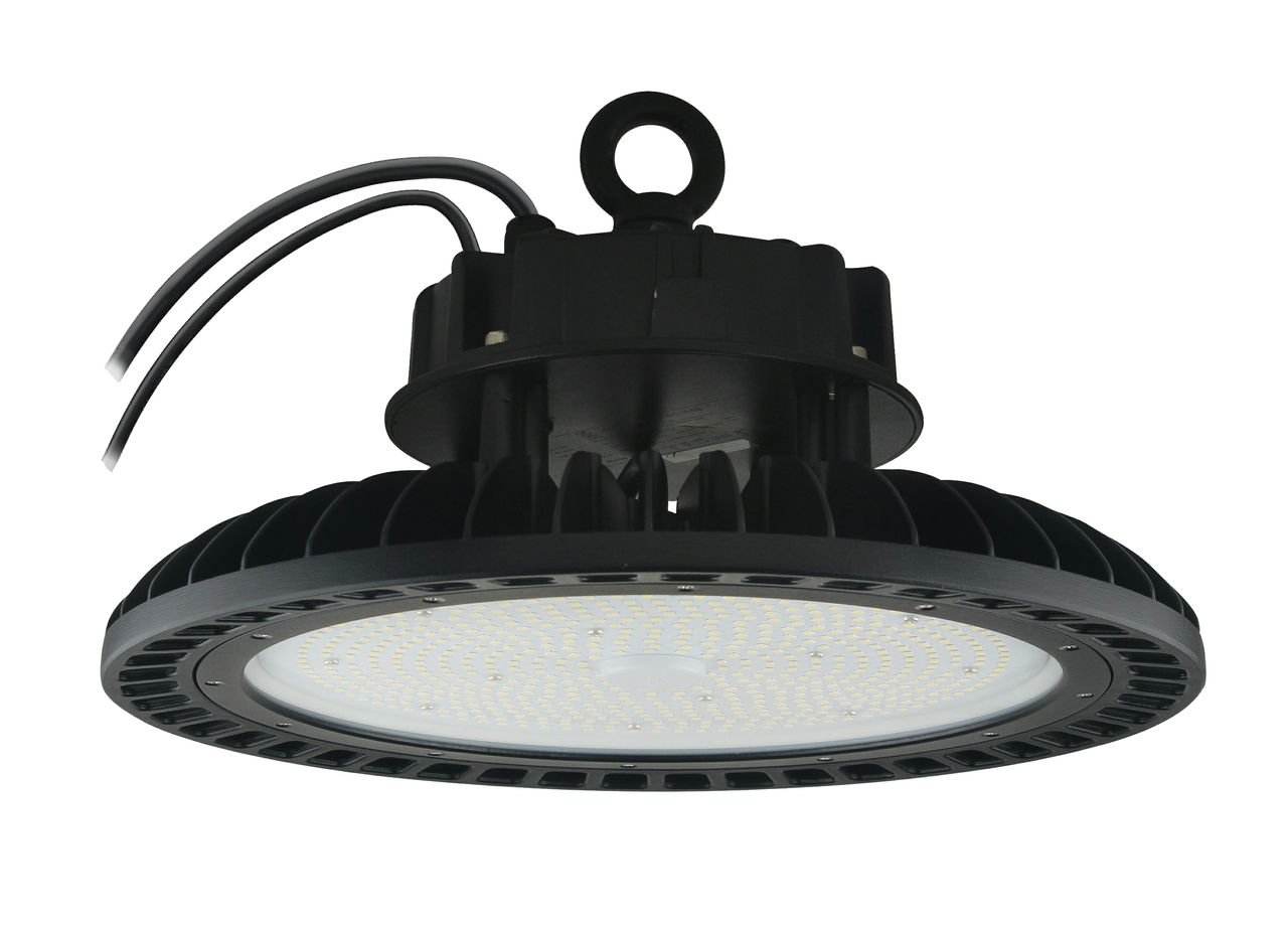 ▪Available in 4000k (neutral white) and 5000k (cool white) color temperatures.
▪Long life LEDs provide 174,000 hours of operation with at least 70% of initial lumen output (L70).
▪Provides a range of 14,000 to 34,000 nominal lumens.
▪Universal 120-277 AC voltage (50-60Hz) and 6-foot incoming AC power cords are standard.
▪0-10vdc dimming drivers are standard.
▪Watertight, compression-type electrical connectors.
▪Mounting options include suspension from pre-installed mounting hook, yoke mounting, snap hook, and attachment to electrical conduit.
▪Glass lens.
▪Power factor > 0.90.
▪Total harmonic distortion < 20%.
▪Color rendering index > 80.
▪Die cast aluminum housing, painted black.
▪Easy installation in new construction or retrofit.
