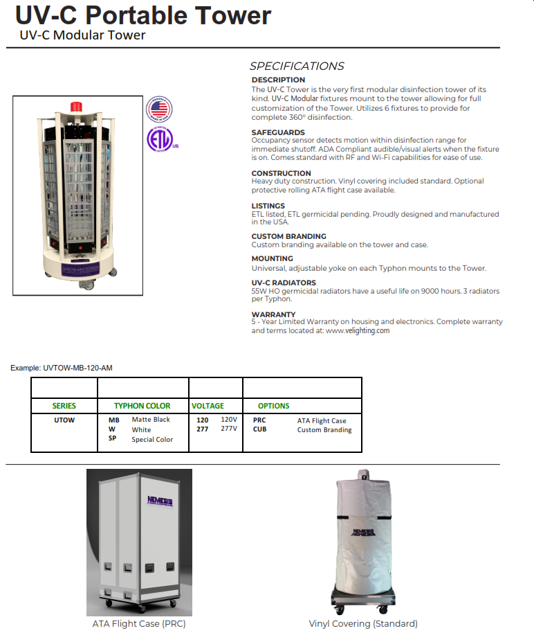 UV-C Portable High Power Tower Disinfection Light