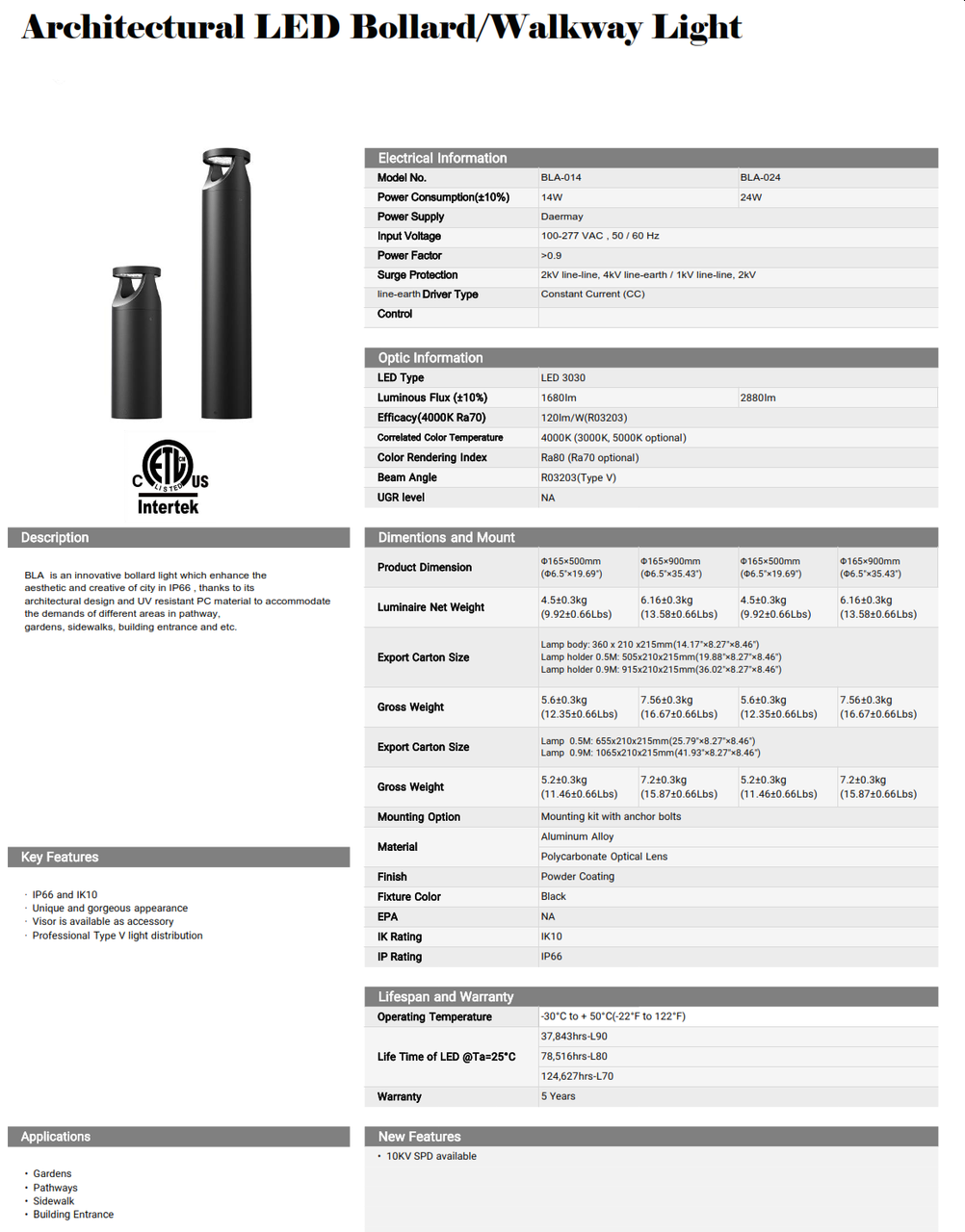 Architectural LED Bollard Light-Series BLA