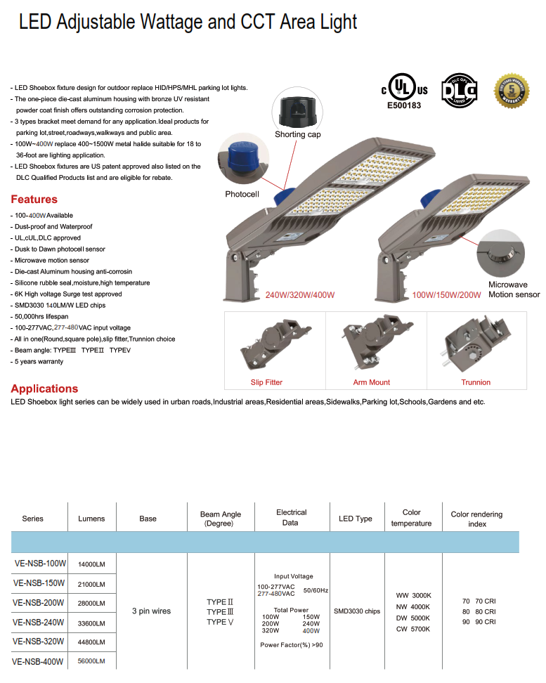 100-400 Watt LED CCT Selectable Area Light