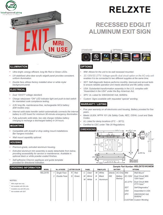 Recessed Edglit Aluminum Exit Sign