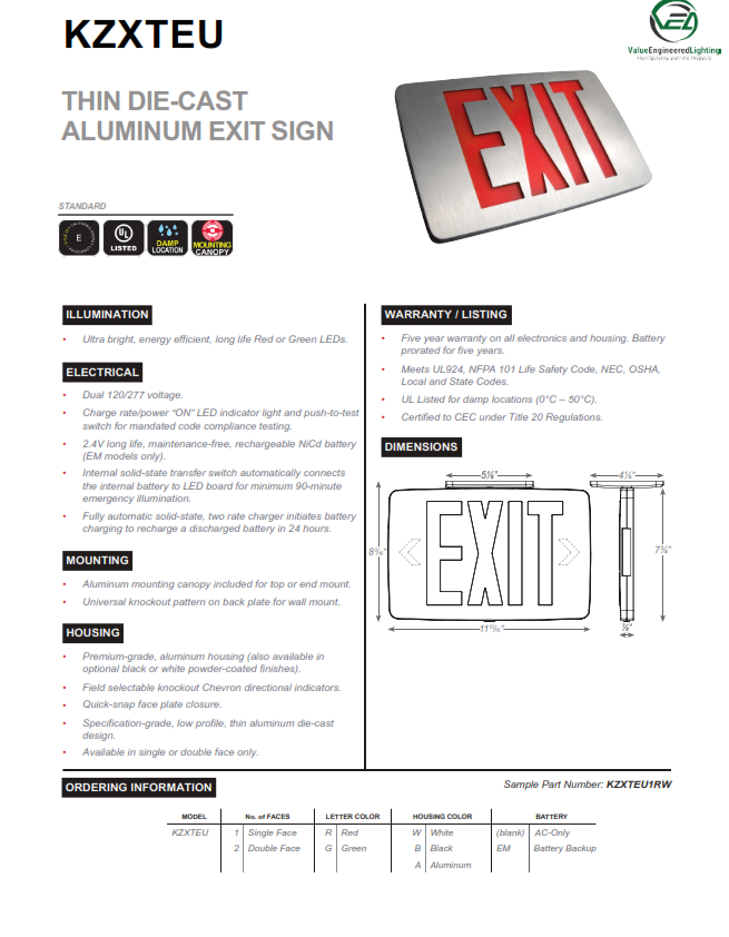 Thin Die-Cast Aluminum Exit Sign