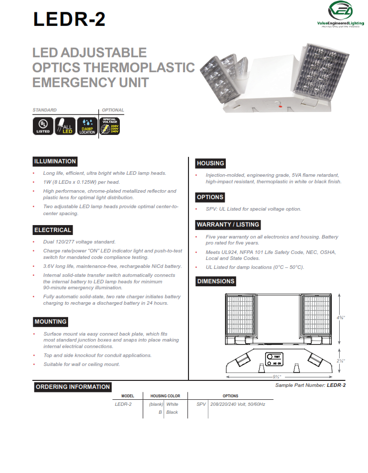 LED Adjustable Optics Thermoplastic Emergency Unit 