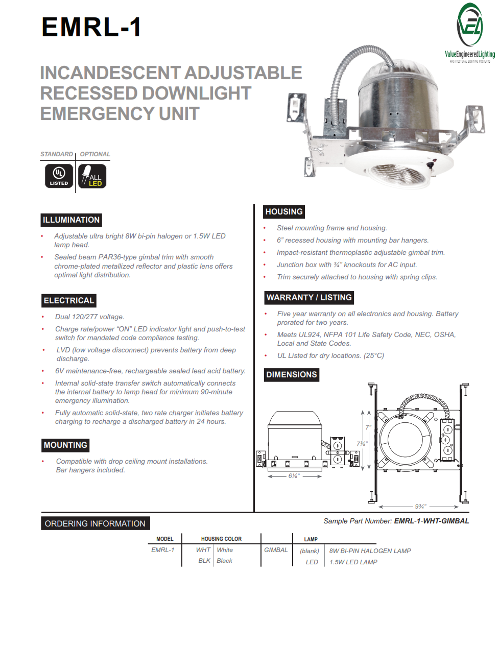 Incandescent Adjustable Recessed Downlight Emergency Unit