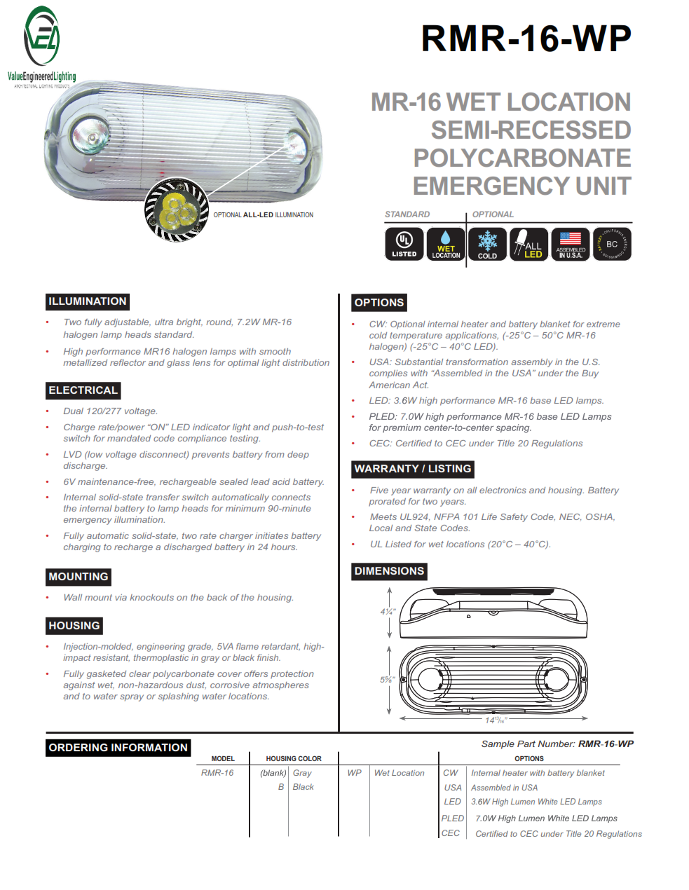MR-16 Wet Location Semi-Recessed Polycarbonate Emergency Unit