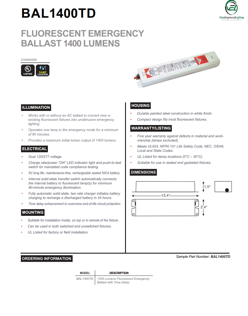 Fluorescent Emergency Ballast 1400 Lumens 