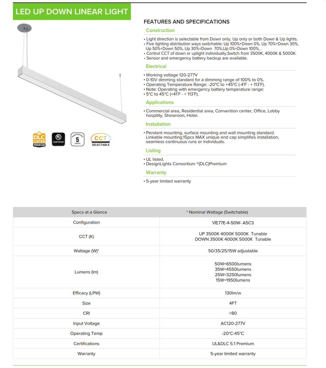 LED Up/Down Linear Pendant Light