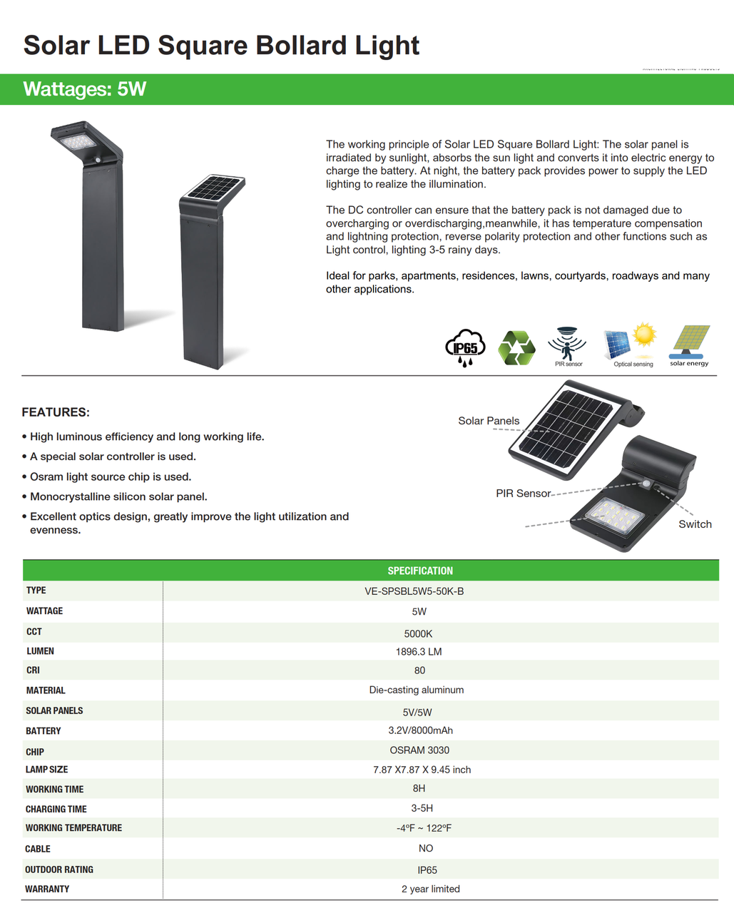 5 Watt Solar Decorative Bollard Pathway Light