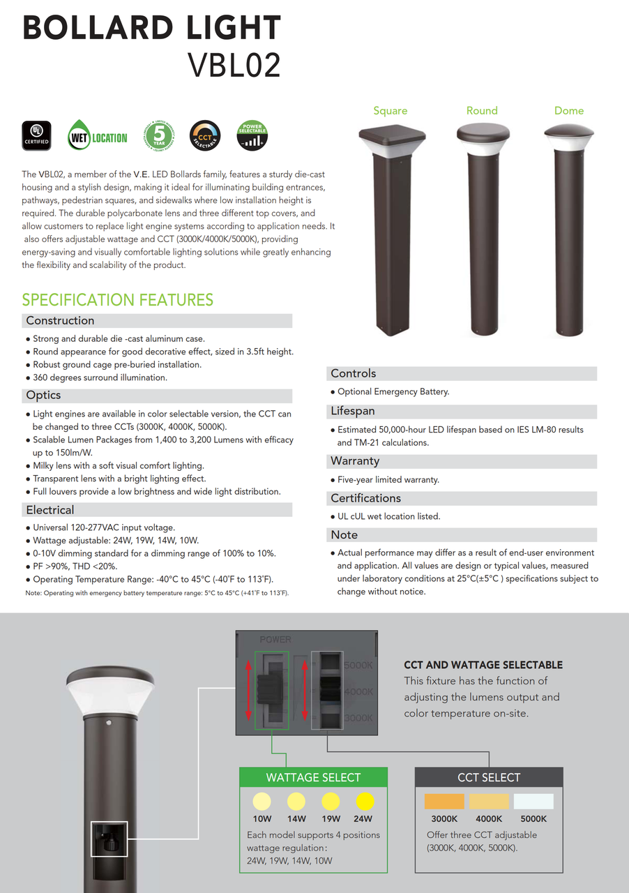 Series VBL02 LED Adjustable Bollard Lights