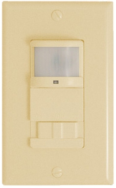 Occupancy/Vacancy Sensor Auto On and Off Operation Ivory 

Passive Infrared Wall Switch Vacancy Sensor
Rated: 120VAC, 60Hz, 0~600W
Replaces a standard light or fan single-pole switch
Works with incandescent, MLV, ELV, 1/6hp
Works with fluorescent and CFLs (maximum 30Watts)
Covers an area up to 24ft x 25ft (600ft²), 180º
Adjusting time delay from 1 minute to 30 minutes
Simple three wire + ground installation takes only minutes and no adjustments are required
UL & CUL Listed