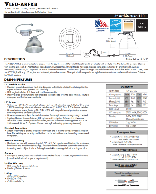LED-ARFK8  120V~277V Non-IC 8“ 14W, 23W, 30W & 45W LED Retrofit-Kit