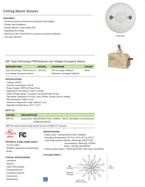 VDC-50L Multi-technology Low Voltage Ceiling Mount Sensor