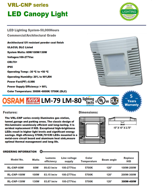 VRL-CNP series evenly illuminates gas station, tunnel, garage and parking areas.