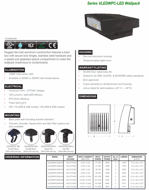 L.E.D. Versatile Wallpack-20 through 80 watt (Rugged die-cast aluminum construction features a back box with secure lock hinges, stainless steel hardware and a sealed and gasketed optical compartment)