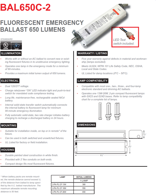 BAL650C-2   500 Lumen 2 Pin Compact Fluorescent Emergency Ballast