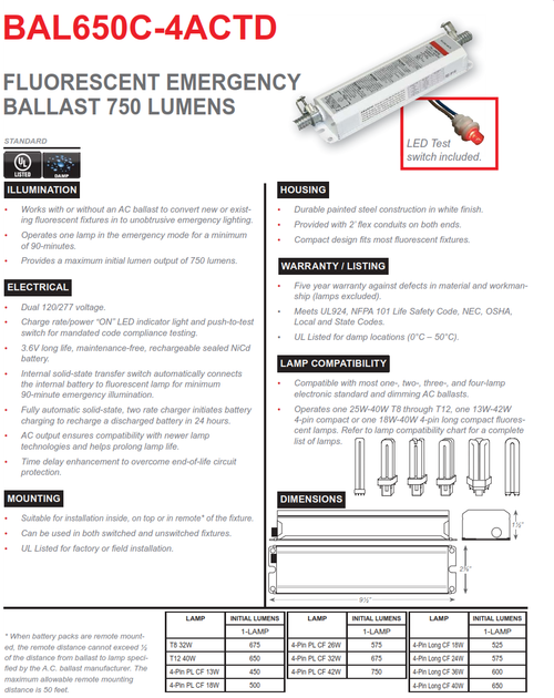 BAL650C-4ACTD   750 Lumen 4 Pin Compact Fluorescent Fluorescent Emergency Ballast, AC Output and Time Delay