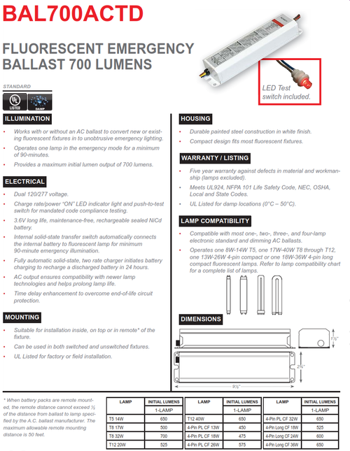 BAL700ACTD   700 Lumen Emergency Fluorescent Ballast, AC Output with Time Delay
