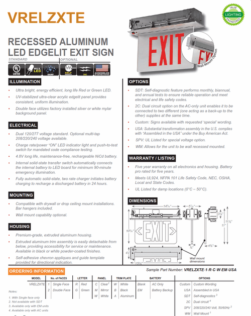 VRELZXTE   Recessed Aluminum LED Edglelit Exit Sign