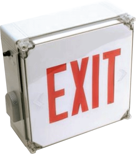 The VWLXTE exit sign features an enclosure that is resistant to corrosive atmospheres, non-hazardous dust environments, water spray and splashing water.
ABS, corrosion-resistant, UV-stabilized enclusure
120V/277V dual voltage operation standard
K/O chevrons
Extremely low operating costs
80-Year light source life expectancy
Meets NFPA Life Safety 101, NEC, OSHA, local and state codes
UL listed for wet location
Emergency operation of 90+ minutes
Ni-Cad battery on EM model
Letter colors available: red, green