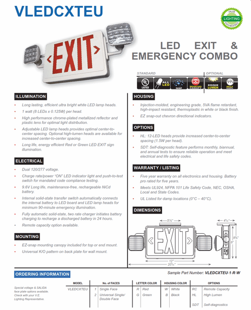 VLEDCXTEU   LED Exit and Emergency Combination Signs