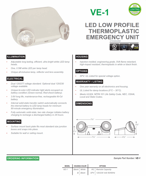 VE-1   LED Low Profile Thermoplastic Emergency Light