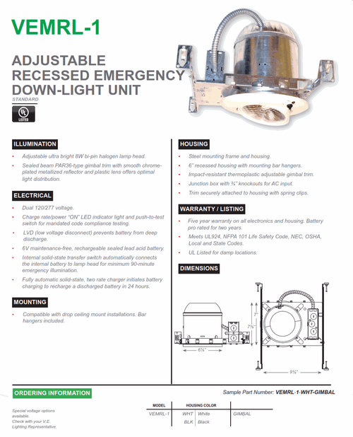 VEMRL-1   Adjustable Recessed Emergency Downlight