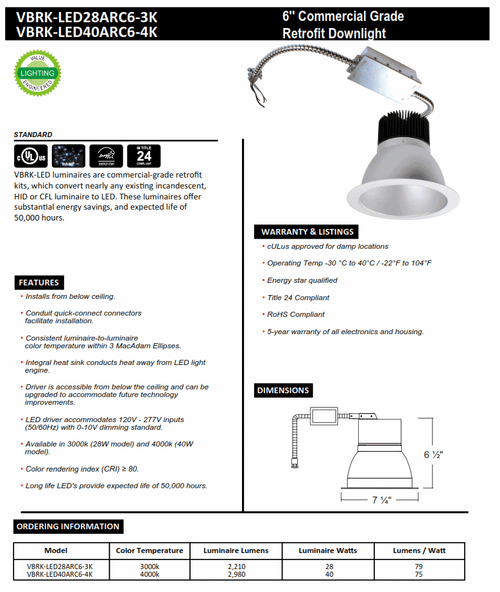 6" L.E.D. Commerical Dowlight Retrofit Trim