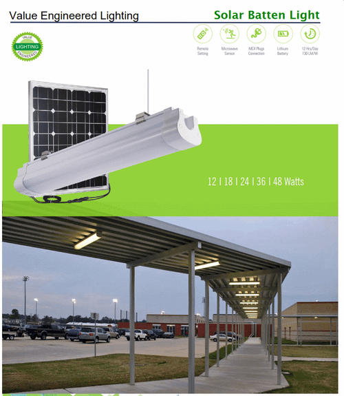 SOLAR BATTEN LIGHT-12 THROUGH 48 WATT WATHERPROOF LINEAR LED SOLAR LIGHT