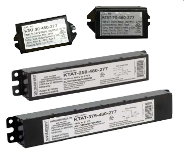 Step-down transformers are designed to utilize standard universal voltage (120-277V) electronic drivers and ballasts in applications where the main facility power is either 347V or 480V. These transformers can be used to operate multiple luminaires up to the rated maximum power, which is rated in volt-amps (VA). 
