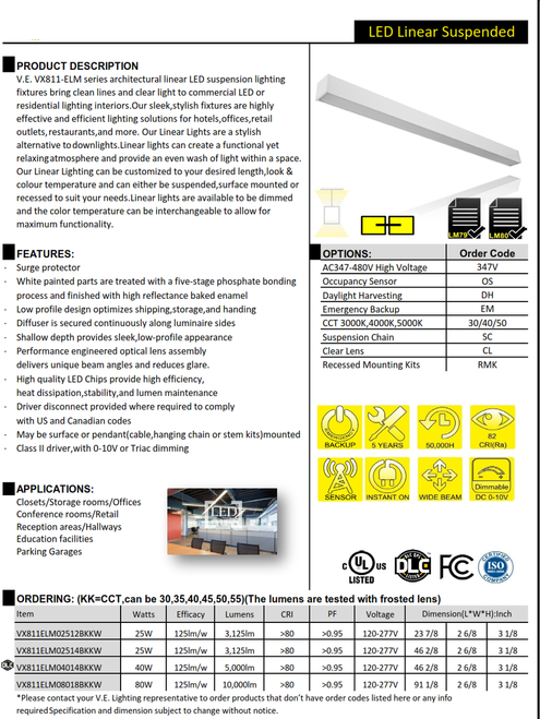 V.E. VX811-ELM series architectural linear LED suspension lighting fixtures bring clean lines and clear light to commercial LED or residential lighting interiors