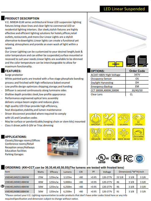 V.E. MX834-ELM series architectural linear LED suspension lighting fixtures bring clean lines and clear light to commercial LED or residential lighting interiors�