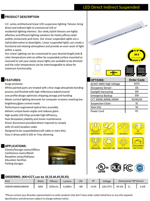 V.E. series architectural linear LED suspension lighting  fixtures bring direct and indirect light to commercial LED or residential lighting interiors.