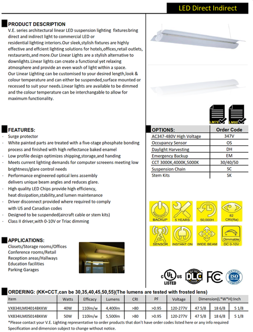 V.E. series architectural linear LED suspension lighting  fixtures bring direct and indirect light to commercial LED or residential lighting interiors